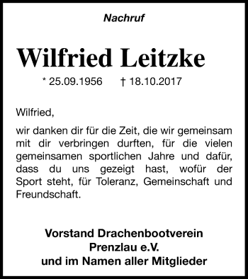 Traueranzeige von Wilfried Leitzke von Prenzlauer Zeitung