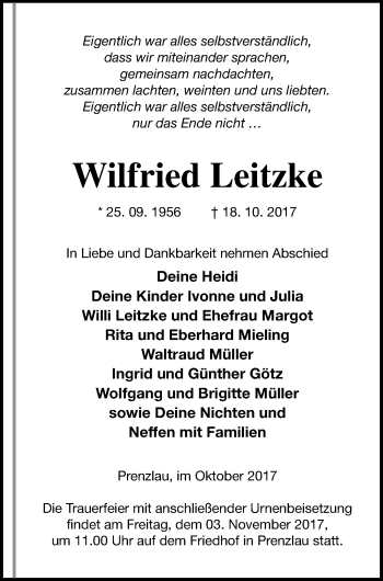 Traueranzeige von Wilfried Leitzke von Prenzlauer Zeitung