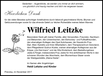 Traueranzeige von Wilfried Leitzke von Prenzlauer Zeitung