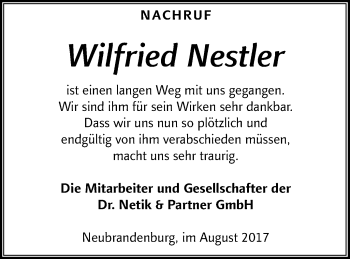 Traueranzeige von Wilfried Nestler von Neubrandenburger Zeitung