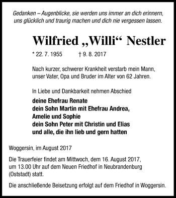 Traueranzeige von Wilfried Nestler von Neubrandenburger Zeitung