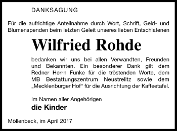 Traueranzeige von Wilfried Rohde von Strelitzer Zeitung