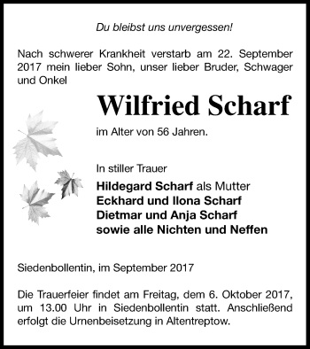 Traueranzeige von Wilfried Scharf von Neubrandenburger Zeitung