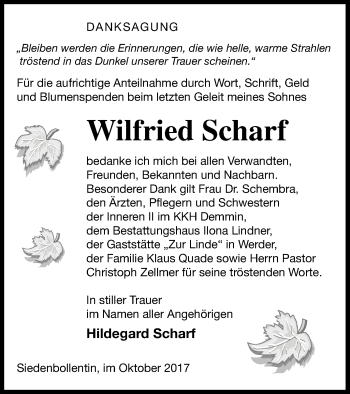 Traueranzeige von Wilfried Scharf von Neubrandenburger Zeitung