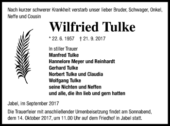 Traueranzeige von Wilfried Tulke von Müritz-Zeitung