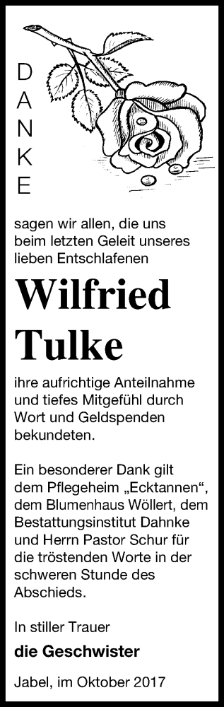 Traueranzeige von Wilfried Tulke von Müritz-Zeitung