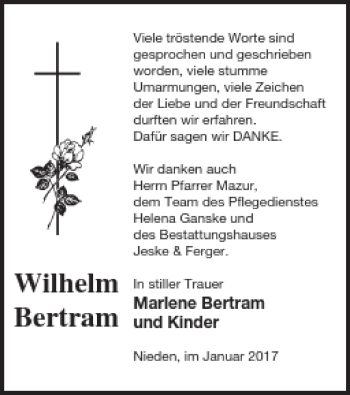 Traueranzeige von Wilhelm Bertram von Pasewalker Zeitung