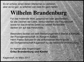 Traueranzeige von Wilhelm Brandenburg von Vorpommern Kurier