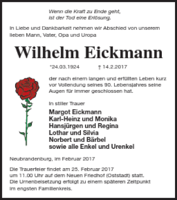 Traueranzeige von Wilhelm Eickmann von Neubrandenburger Zeitung