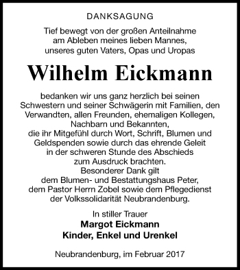 Traueranzeige von Wilhelm Eickmann von Templiner Zeitung