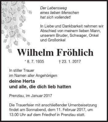 Traueranzeige von Wilhelm Fröhlich von Prenzlauer Zeitung
