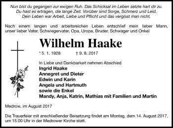 Traueranzeige von Wilhelm Haake von Demminer Zeitung