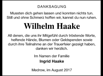 Traueranzeige von Wilhelm Haake von Demminer Zeitung