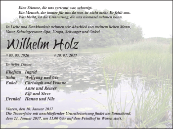 Traueranzeige von Wilhelm Holz von Müritz-Zeitung