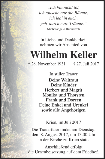 Traueranzeige von Wilhelm Keller von Vorpommern Kurier