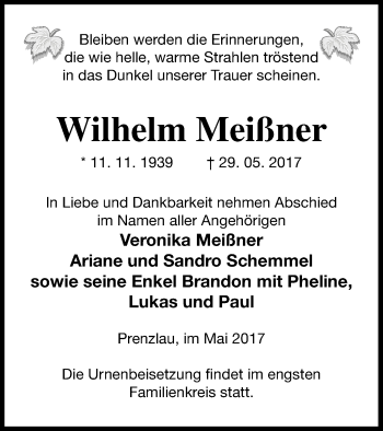 Traueranzeige von Wilhelm Meißner von Prenzlauer Zeitung