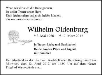 Traueranzeige von Wilhelm Oldenburg von Mecklenburger Schweiz