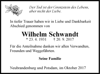 Traueranzeige von Wilhelm Schwandt von Neubrandenburger Zeitung