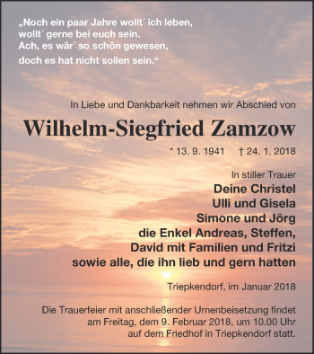 Traueranzeige von Wilhelm-Siegfried Zamzow von Strelitzer Zeitung