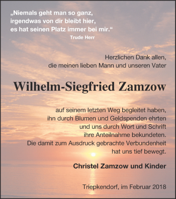 Traueranzeige von Wilhelm-Siegfried Zamzow von Strelitzer Zeitung