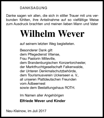 Traueranzeige von Wilhelm Wever von Prenzlauer Zeitung