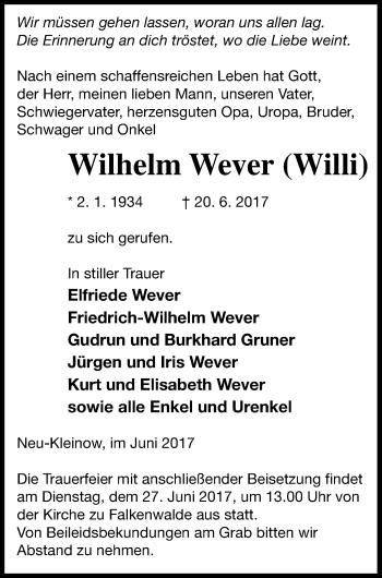 Traueranzeige von Wilhelm Wever von Prenzlauer Zeitung