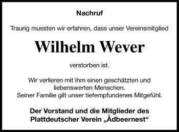 Traueranzeige von Wilhelm Wever von Prenzlauer Zeitung