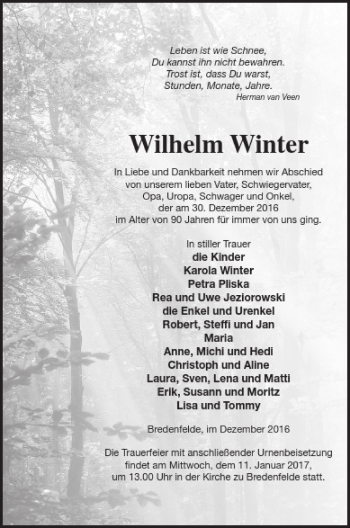 Traueranzeige von Wilhelm Winter von Strelitzer Zeitung