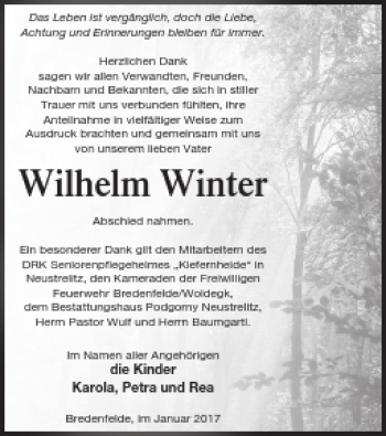 Traueranzeige von Wilhelm Winter von Strelitzer Zeitung