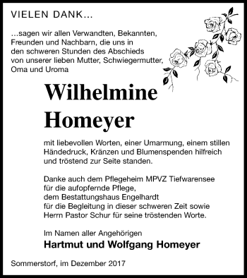 Traueranzeige von Wilhelmine Homeyer von Müritz-Zeitung