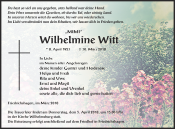 Traueranzeige von Wilhelmine Witt von Haff-Zeitung