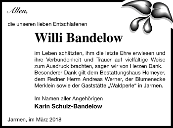 Traueranzeige von Willi Bandelow von Vorpommern Kurier