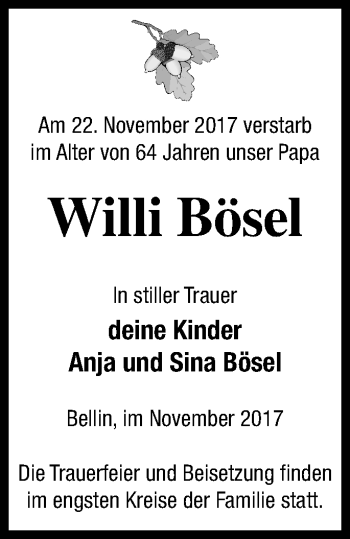 Traueranzeige von Willi Bösel von Haff-Zeitung