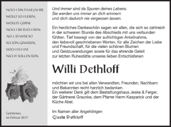 Traueranzeige von Willi Dethloff von Prenzlauer Zeitung