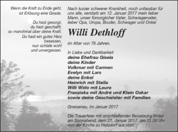 Traueranzeige von Willi Dethloff von Prenzlauer Zeitung