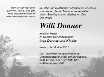 Traueranzeige von Willi Donner von Neubrandenburger Zeitung