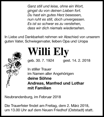 Traueranzeige von Willi Ely von Neubrandenburger Zeitung