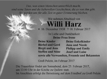 Traueranzeige von Willi Harz von Vorpommern Kurier