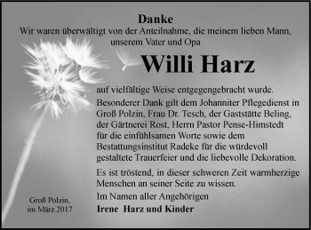 Traueranzeige von Willi Harz von Vorpommern Kurier