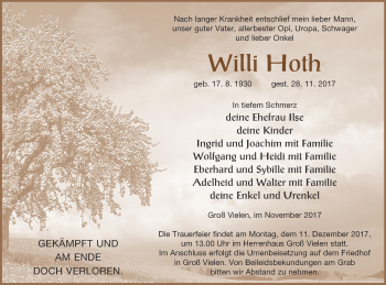 Traueranzeige von Willi Hoth von Müritz-Zeitung