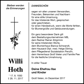 Traueranzeige von Willi Hoth von Müritz-Zeitung