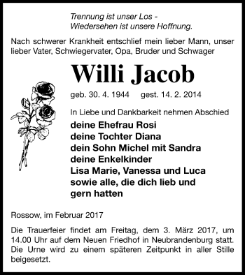 Traueranzeige von Willi Jacob von Neubrandenburger Zeitung