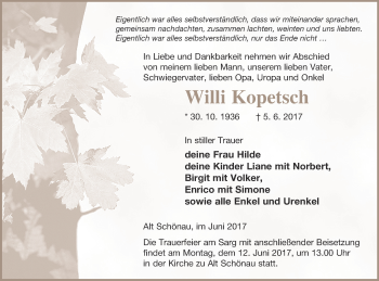 Traueranzeige von Willi Kopetsch von Müritz-Zeitung