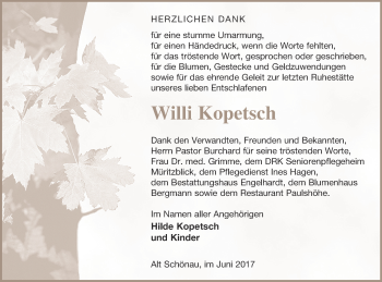 Traueranzeige von Willi Kopetsch von Müritz-Zeitung