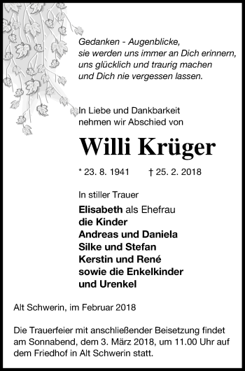 Traueranzeige von Willi Krüger von Müritz-Zeitung