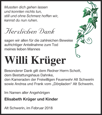 Traueranzeige von Willi Krüger von Müritz-Zeitung