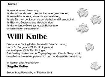 Traueranzeige von Willi Kulbe von Pasewalker Zeitung