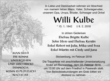 Traueranzeige von Willi Kulbe von Pasewalker Zeitung