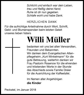 Traueranzeige von Willi Müller von Strelitzer Zeitung