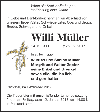 Traueranzeige von Willi Müller von Strelitzer Zeitung